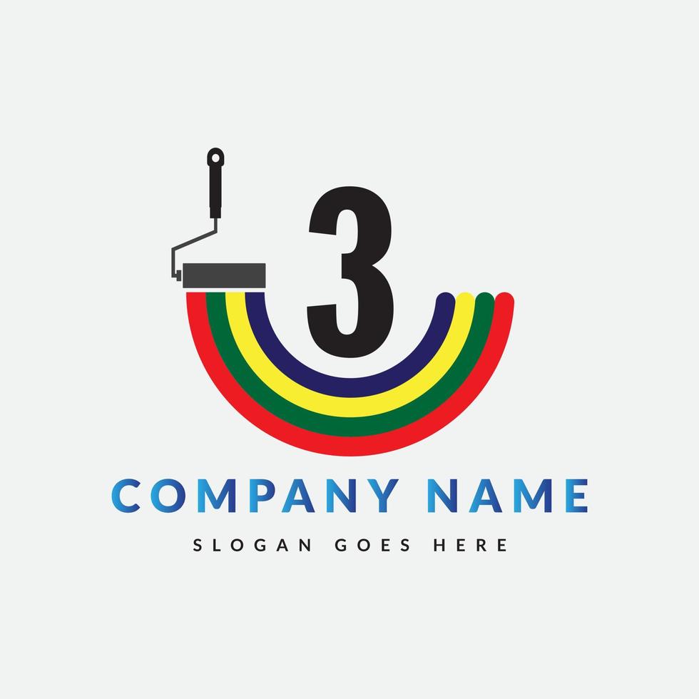 Paint Brush Logo On Letter 3 Template. Paint On 3 Letter, Initial Paint Sign Concept vector