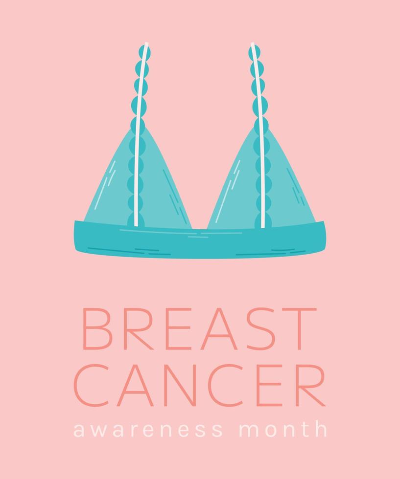 Breast cancer awareness month vector banner with text. Cartoon female bra, health care concept.