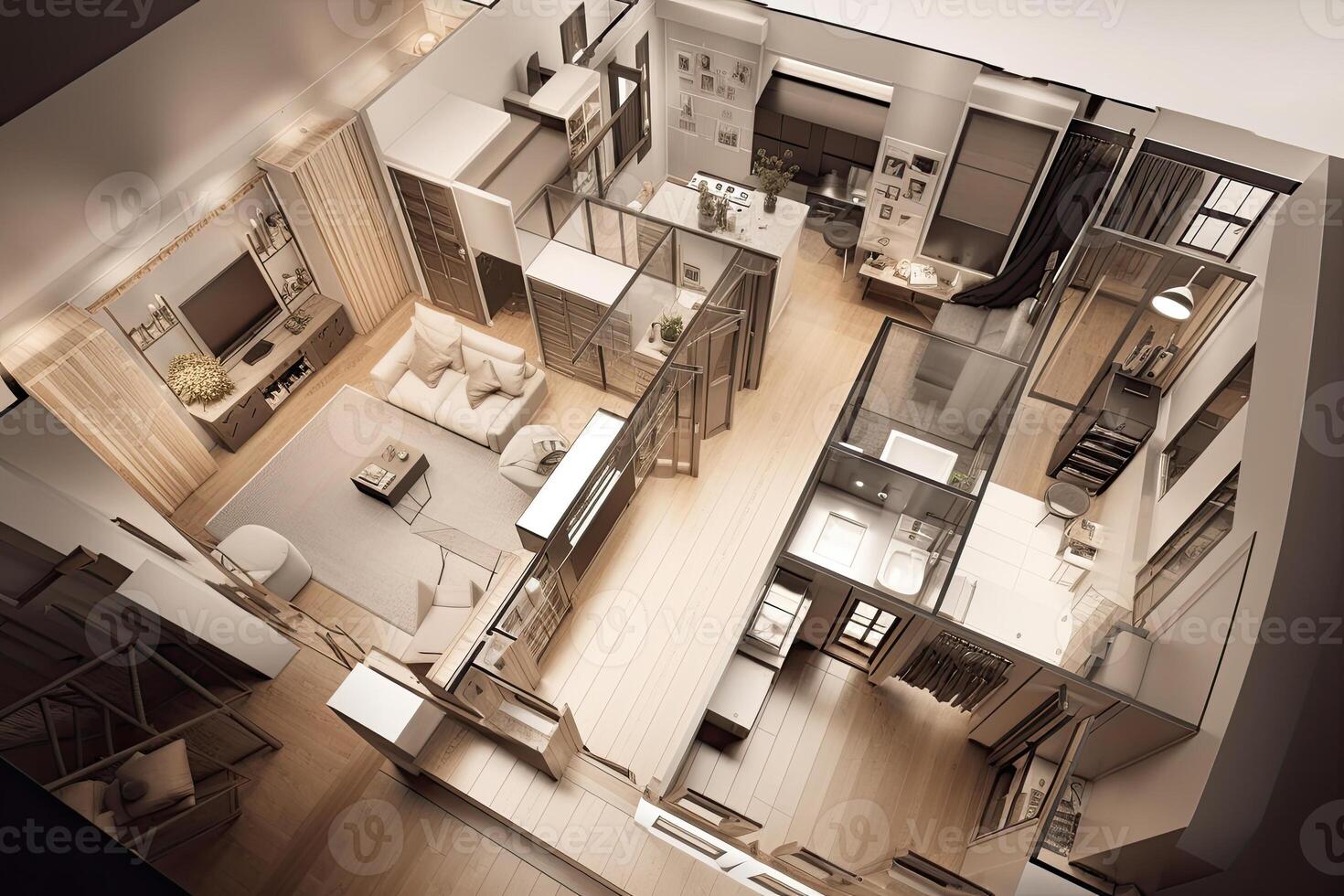 Apartment visualization, design project. Architectural plan for renovation. Living room interior, top view. Created with photo