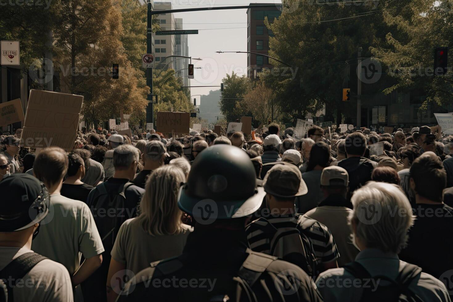 espalda ver de agresivo personas protestando a ciudad calle. protesta activistas multitud con levantamiento puños enojado personas hacer revolución. creado con generativo ai foto