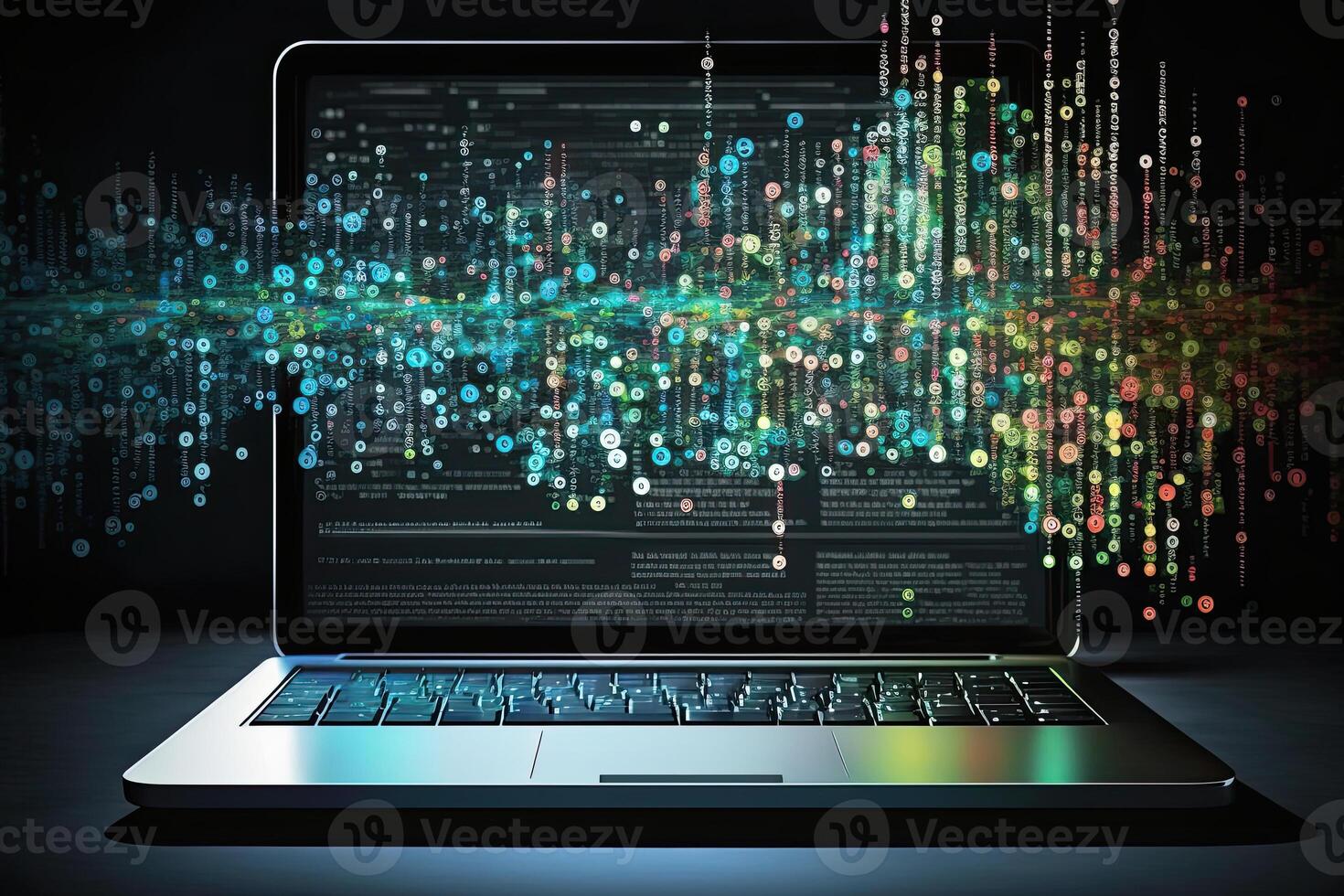 Laptop with network connection illustration. Analitical data infographic. Created with photo