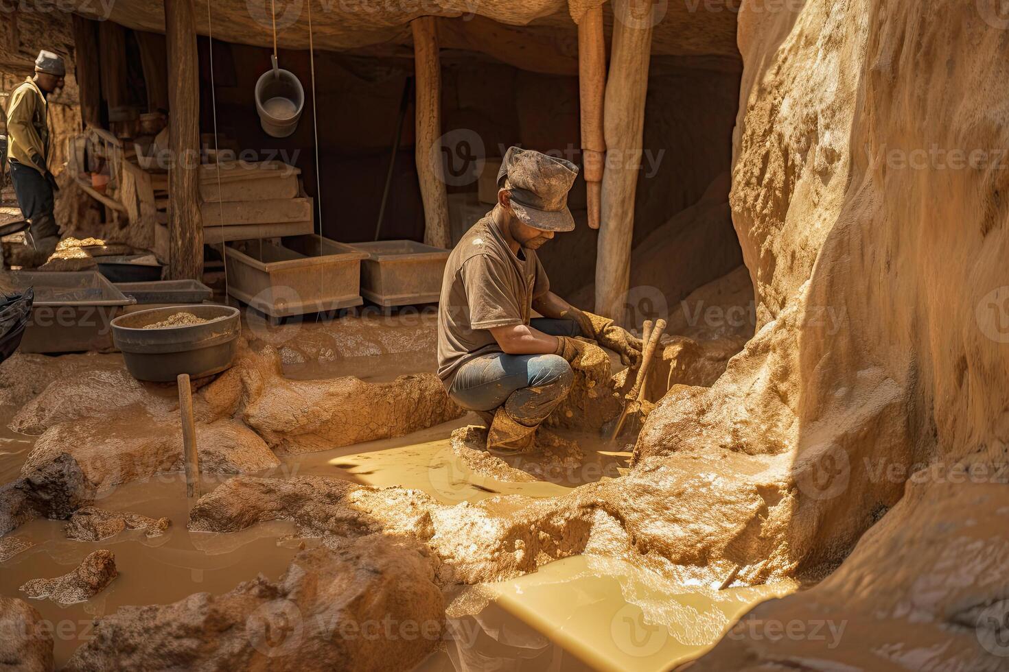 Gold panning. Prospector is looking for gold in the river during gold rush. Created with photo