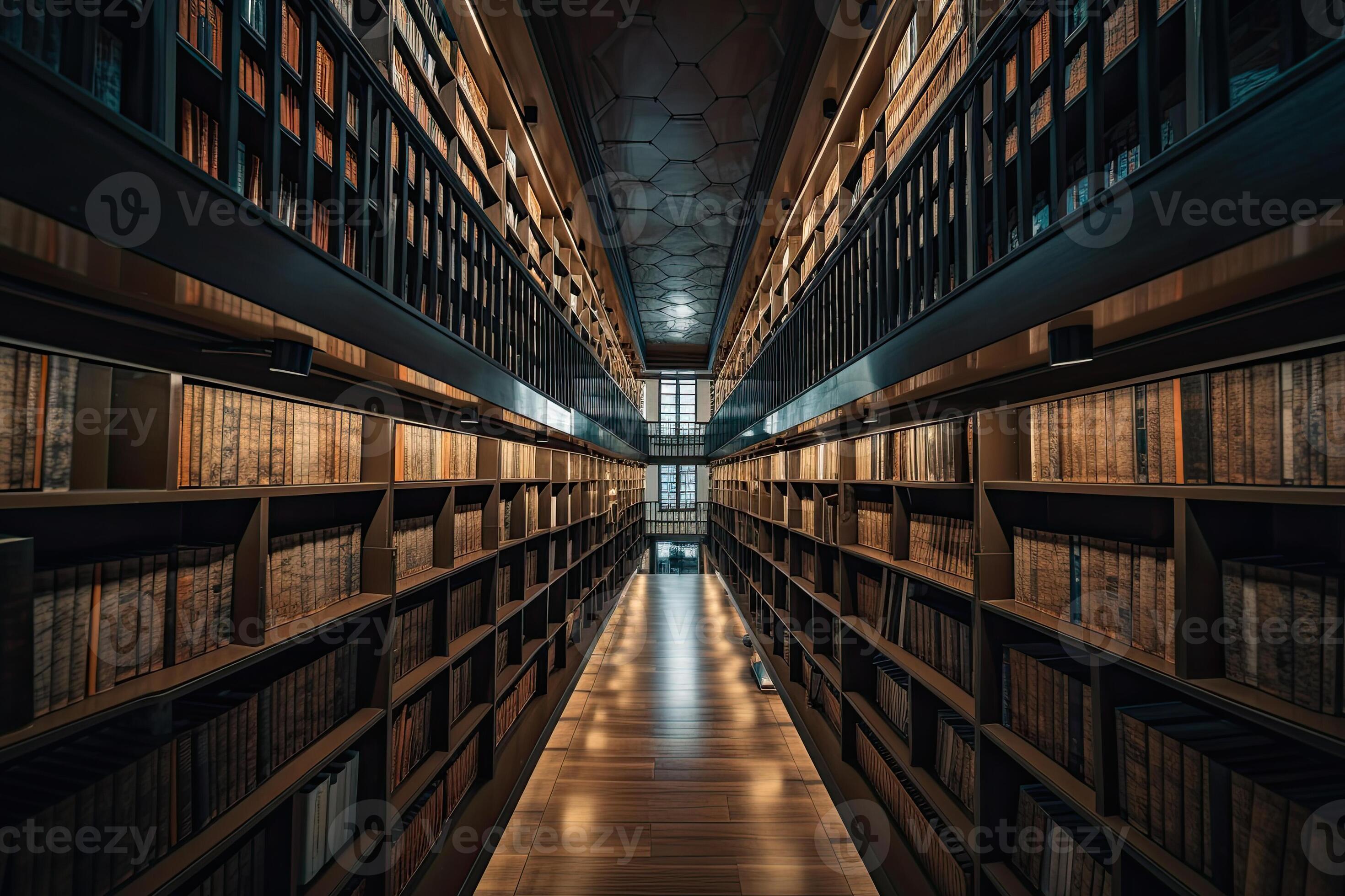 Interior of library with many bookshelves. Rows of with old