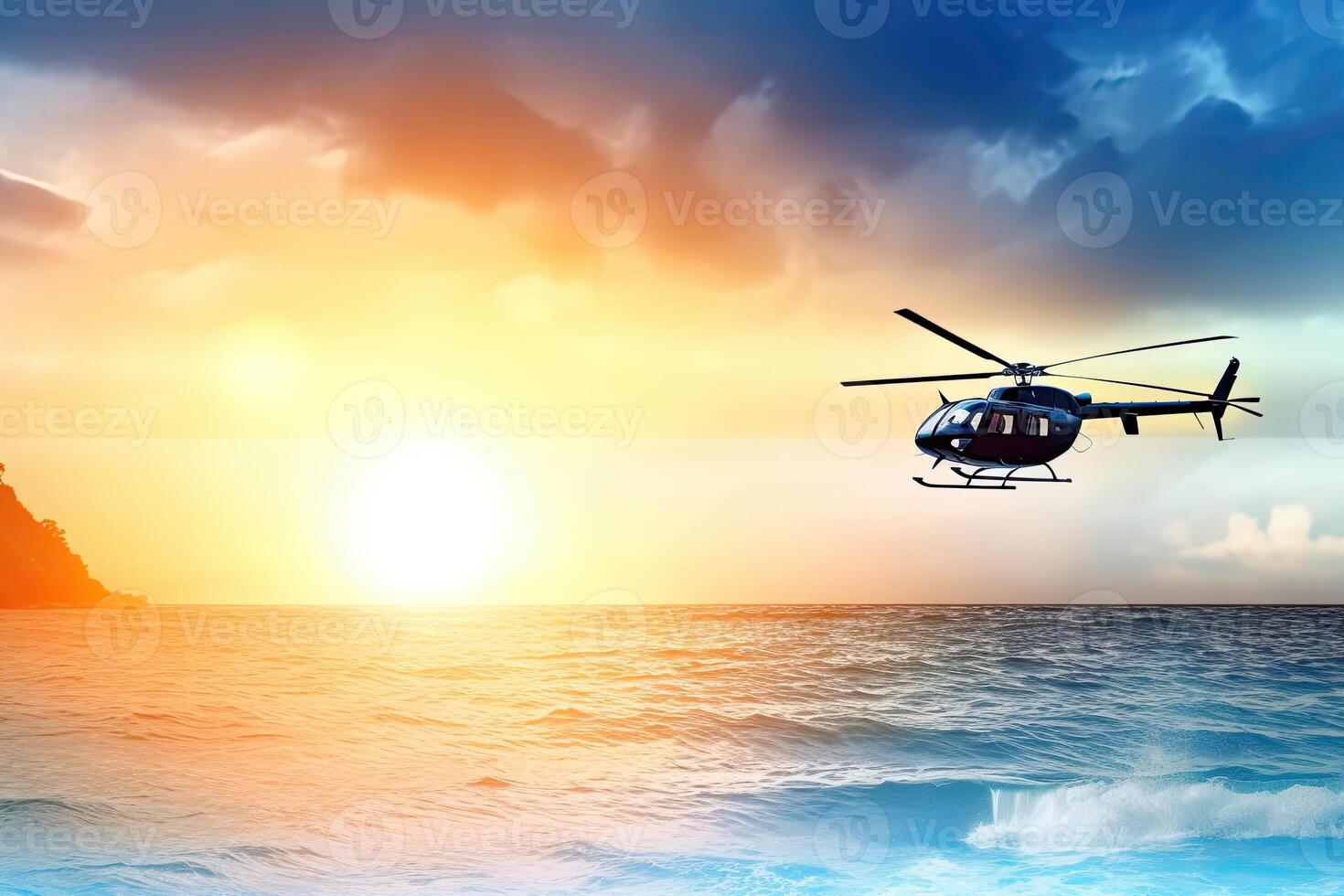 Search and rescue operation in sea. Emergency rescue helicopter flies over sea surface, looking for victims after crash. Created with photo