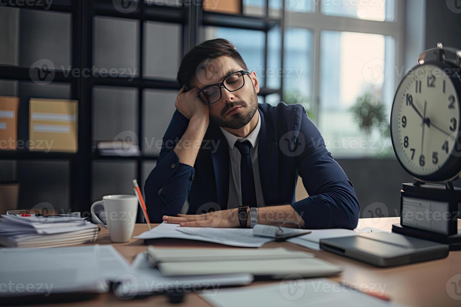 Tired office worker sitting at workplace.Exhausted man working with documents. Created with photo