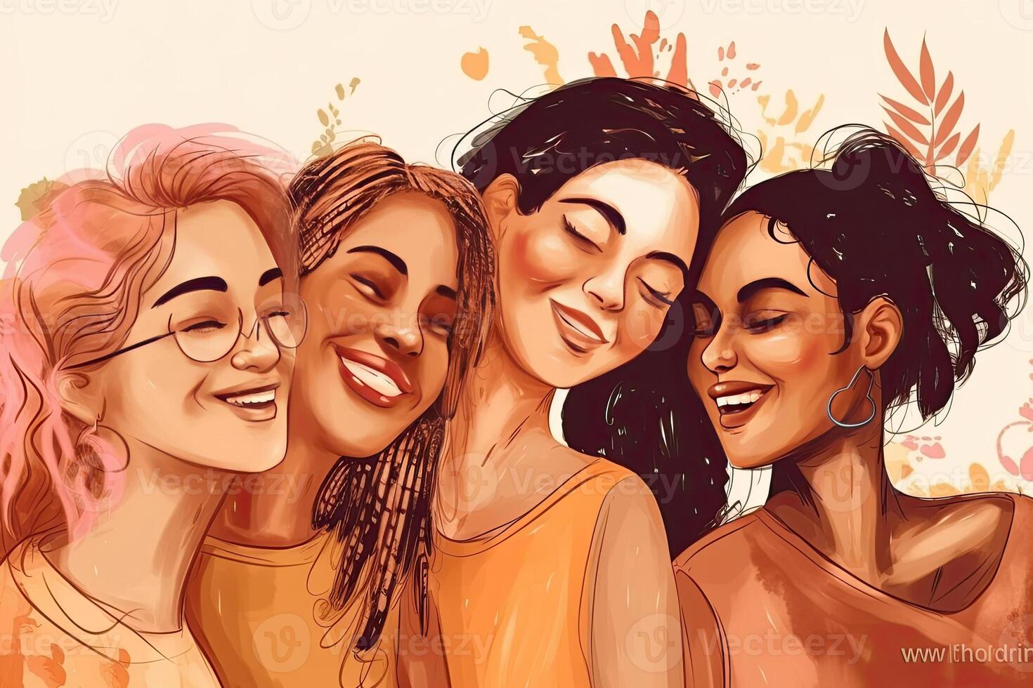 Multiracial women standing together and smiling at camera, flat style. Portrait of interracial female models. Diversity concept. Created with photo