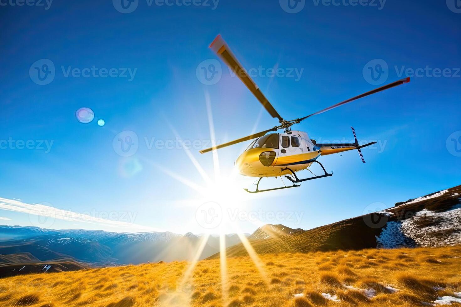 Search and rescue operation in mountains. Medical rescue helicopter landing in mountains. Created with photo
