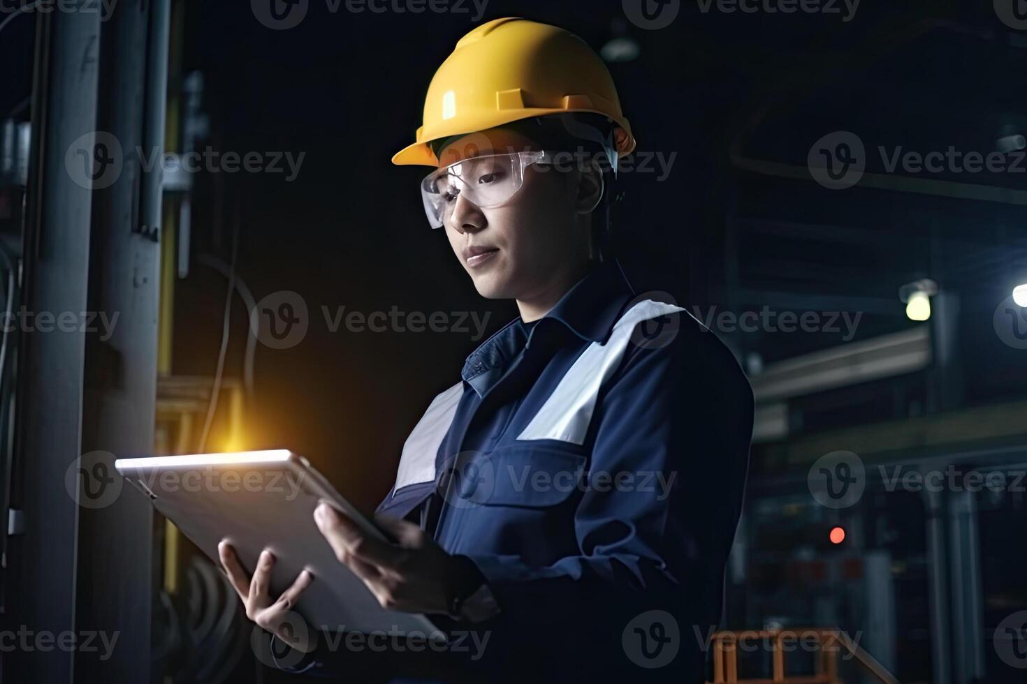 Engineer with tablet computer at factory workplace. Industrial worker controls operation of robotic production line. Created with photo