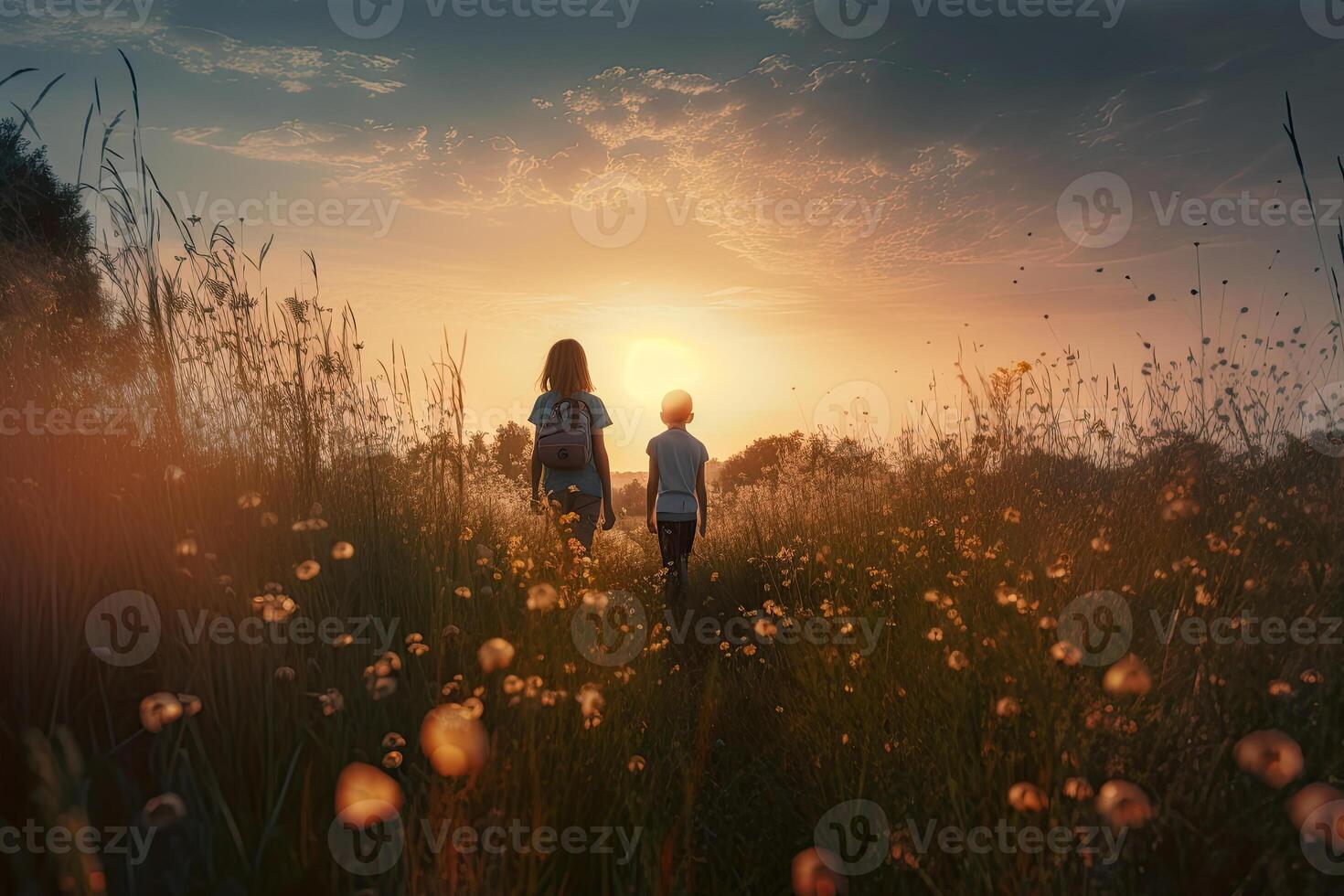 Boy and girl walking at blooming field in sunset. Silhouettes of children against beautiful landscape. Romantic feelings and emotions of couple. Created with photo