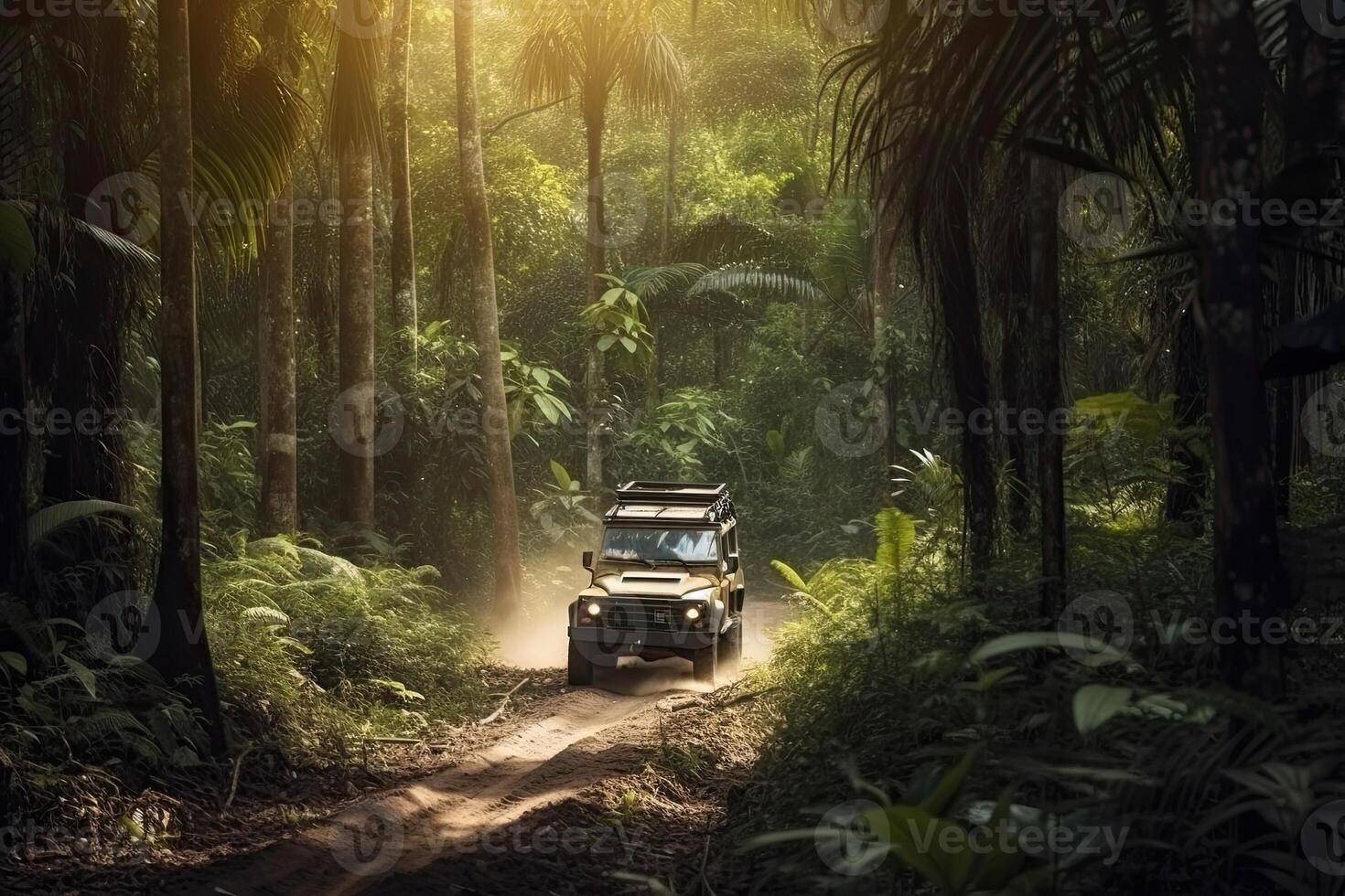Four wheel drive SUV is driving on muddy road in jungle. Jeep on safari. Created with photo