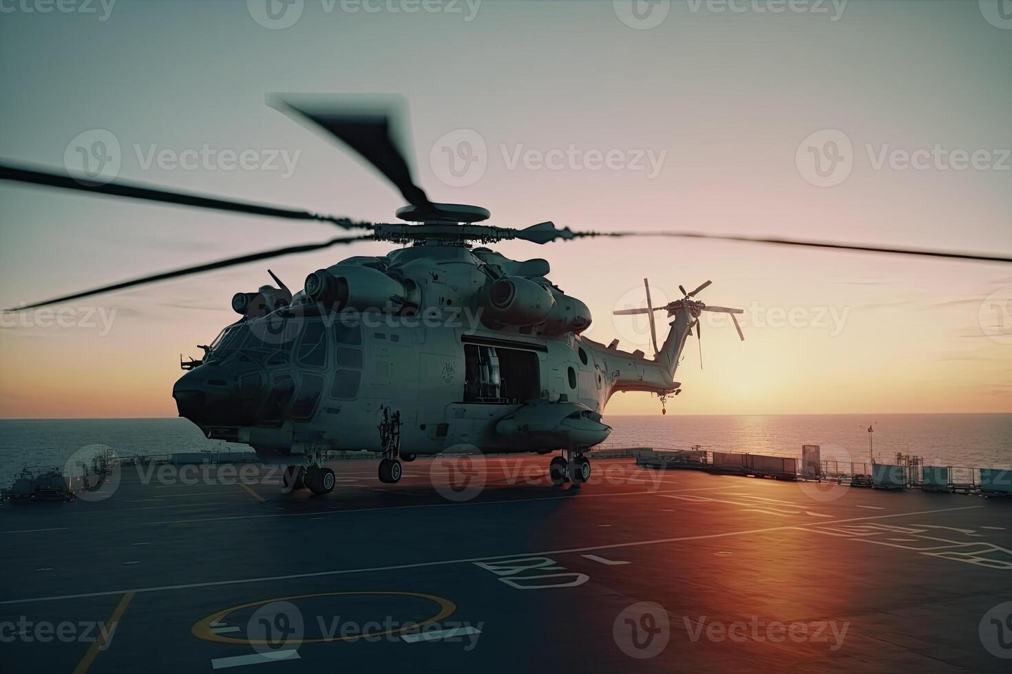 Military helicopter on warship board at sunset. Navy helicopter on board the aircraft carrier in the sea. Created with photo