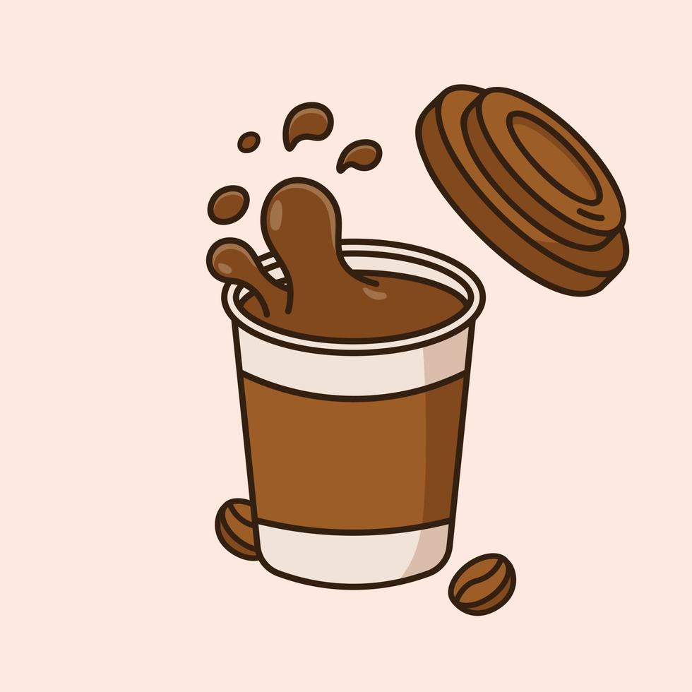 Cute paper cup filled with coffee cartoon icon vector illustration. Coffee drink icon concept. Vector flat outline icon