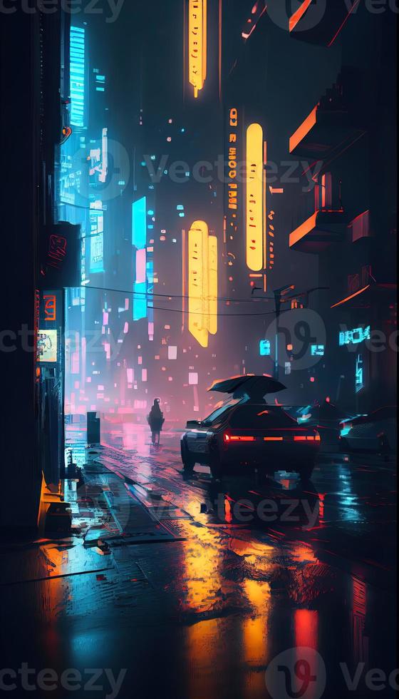 Cyberpunk background blurred city scene in matrix. AI render photo