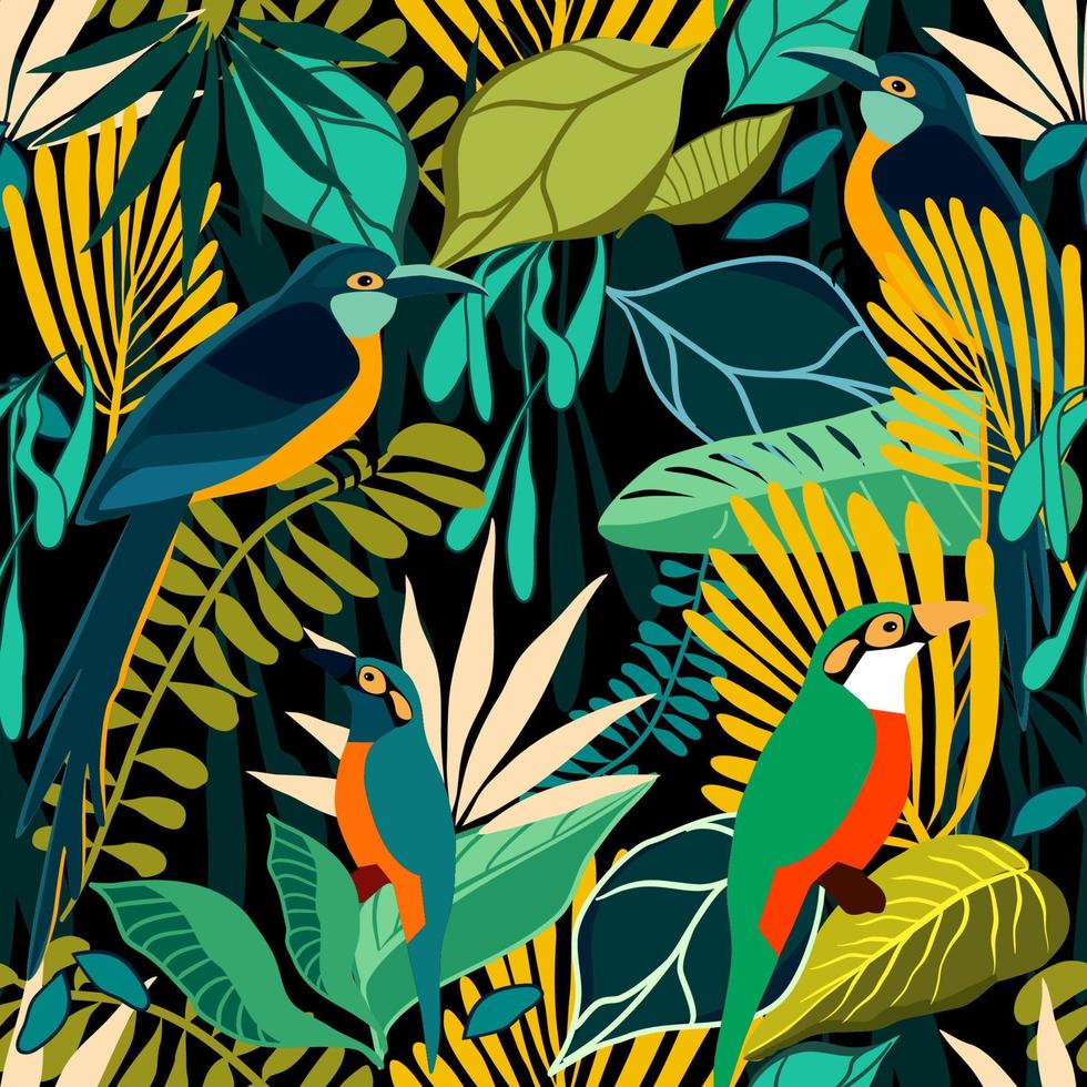 Seamless floral pattern with tropical birds in a rainforest vector