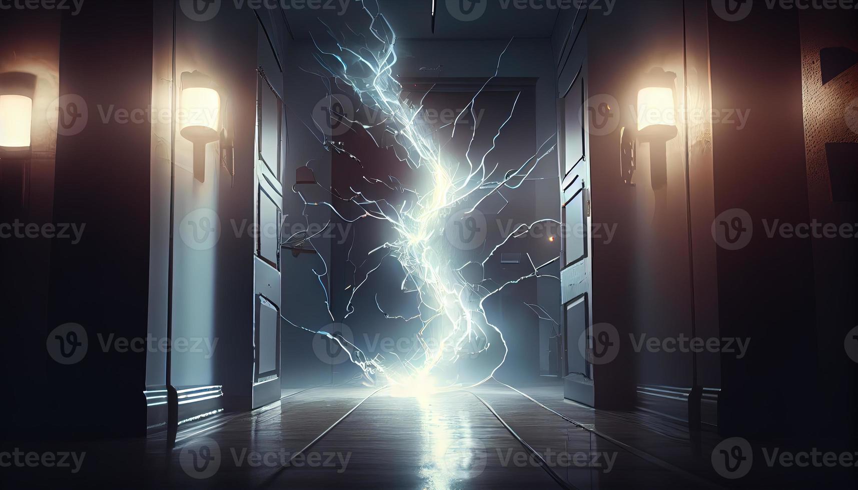 Energy discharge close up black backdrop. AI render photo