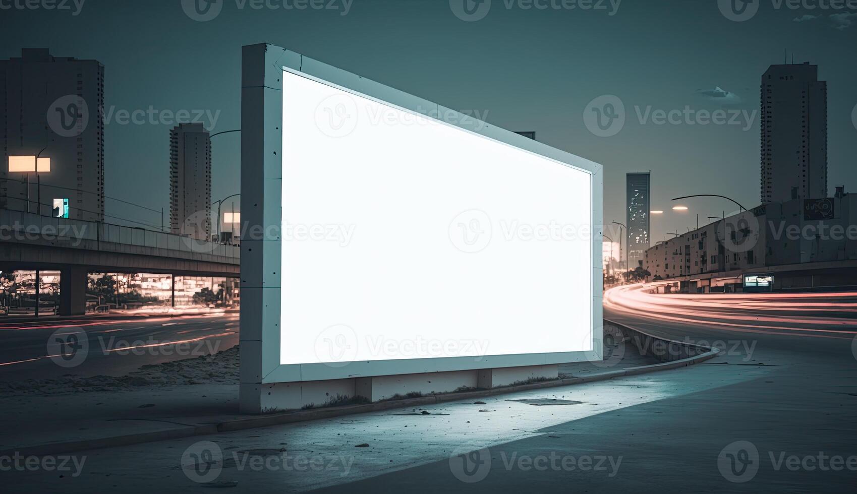 Futuristic city with white blank billboard, night view photo