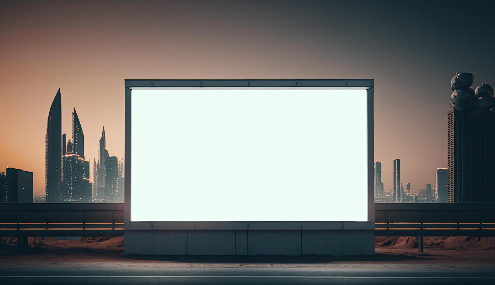 Futuristic city with white blank billboard, night view photo