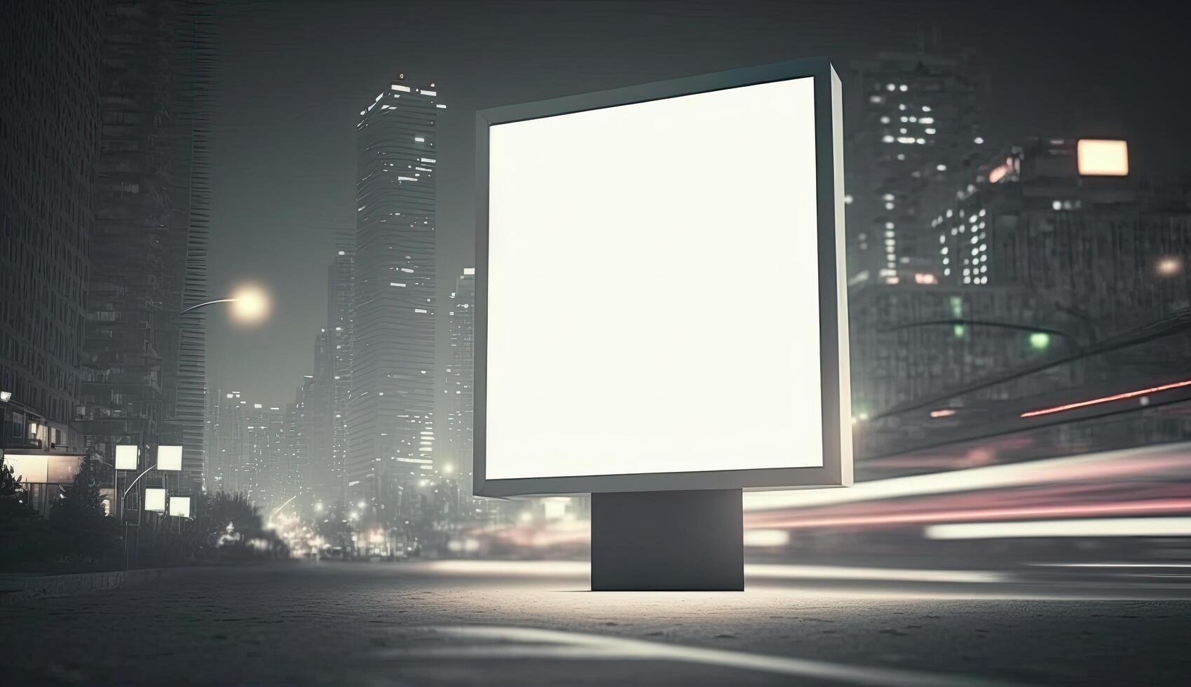 Futuristic city with white blank billboard, night view photo