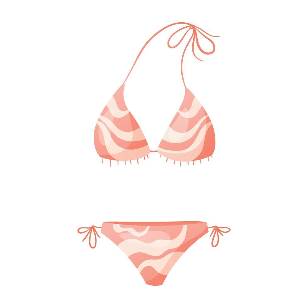 Cartoon pink womens bikini. Swimsuit with ties for swimming or sunbathing. Vector isolated sticker on white background.