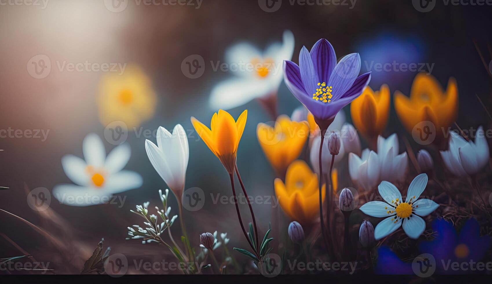 Photo colorful spring flowers background, blurred bokeh effect