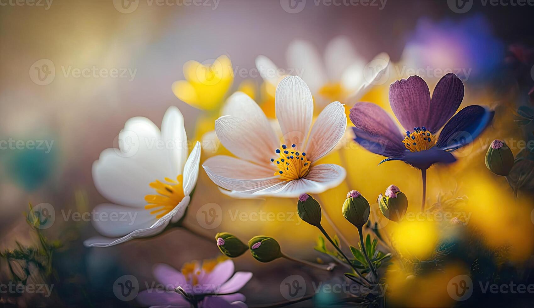 Photo colorful spring flowers background, blurred bokeh effect