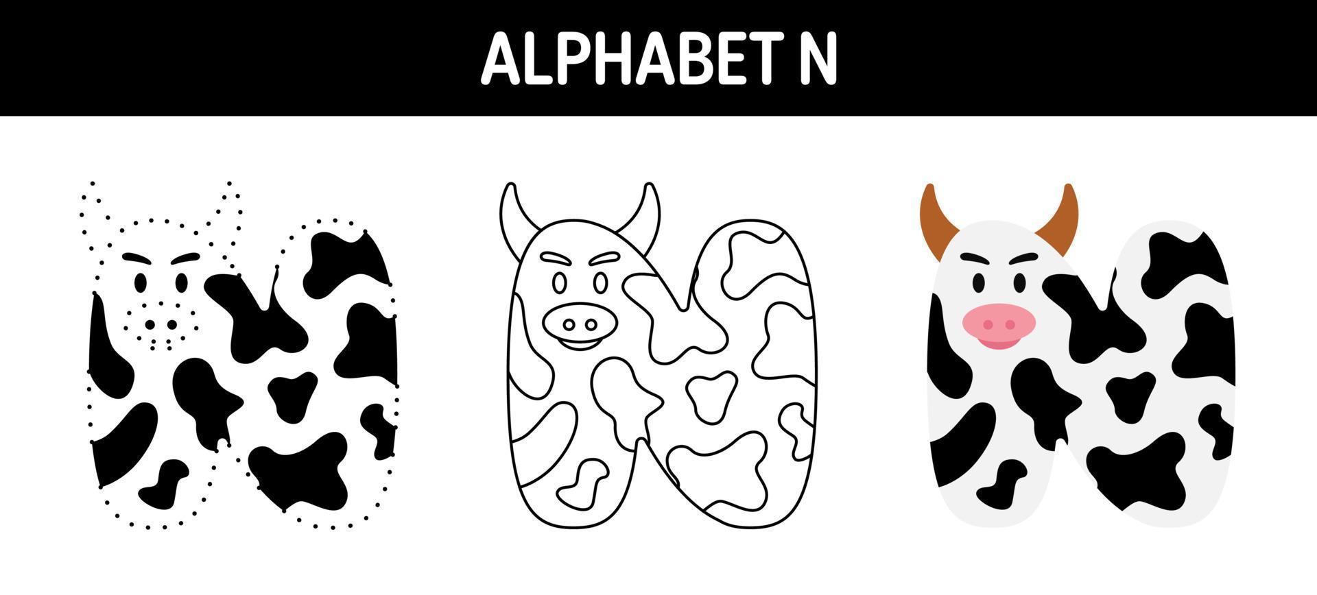 Alphabet N tracing and coloring worksheet for kids vector