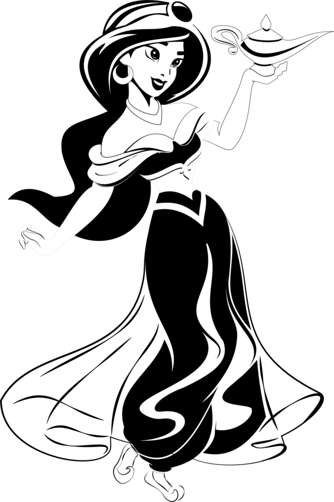 A princess with long black hair topped with a crown, holding a lamp in her hand png