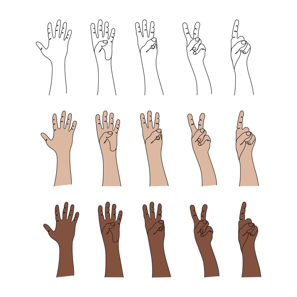 Hand gesture. Count to five on fingers. Line art. One, two, three, four, five. Pose and gesturing. Hand drawn vector illustration.