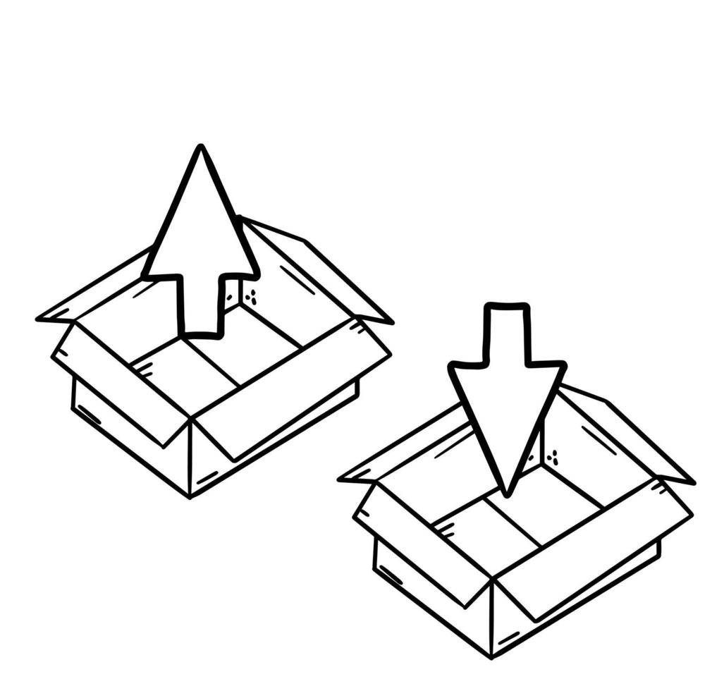 abierto caja. conjunto de cartulina contenedores un vacío paquete. paquete o empaquetar y correo. rojo y verde flecha para embalaje y desempacar esquema de acción. vector