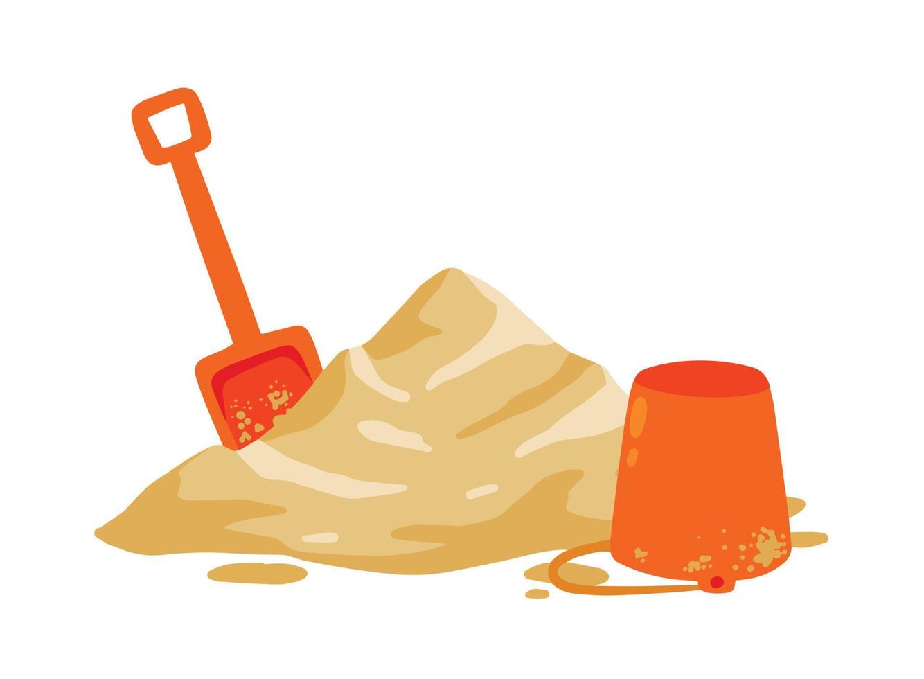 Orange bucket and scoop with pile of sand. Children play on beach. Shovel of kids. Summer holiday. Recreation and entertainment. Cartoon flat illustration vector