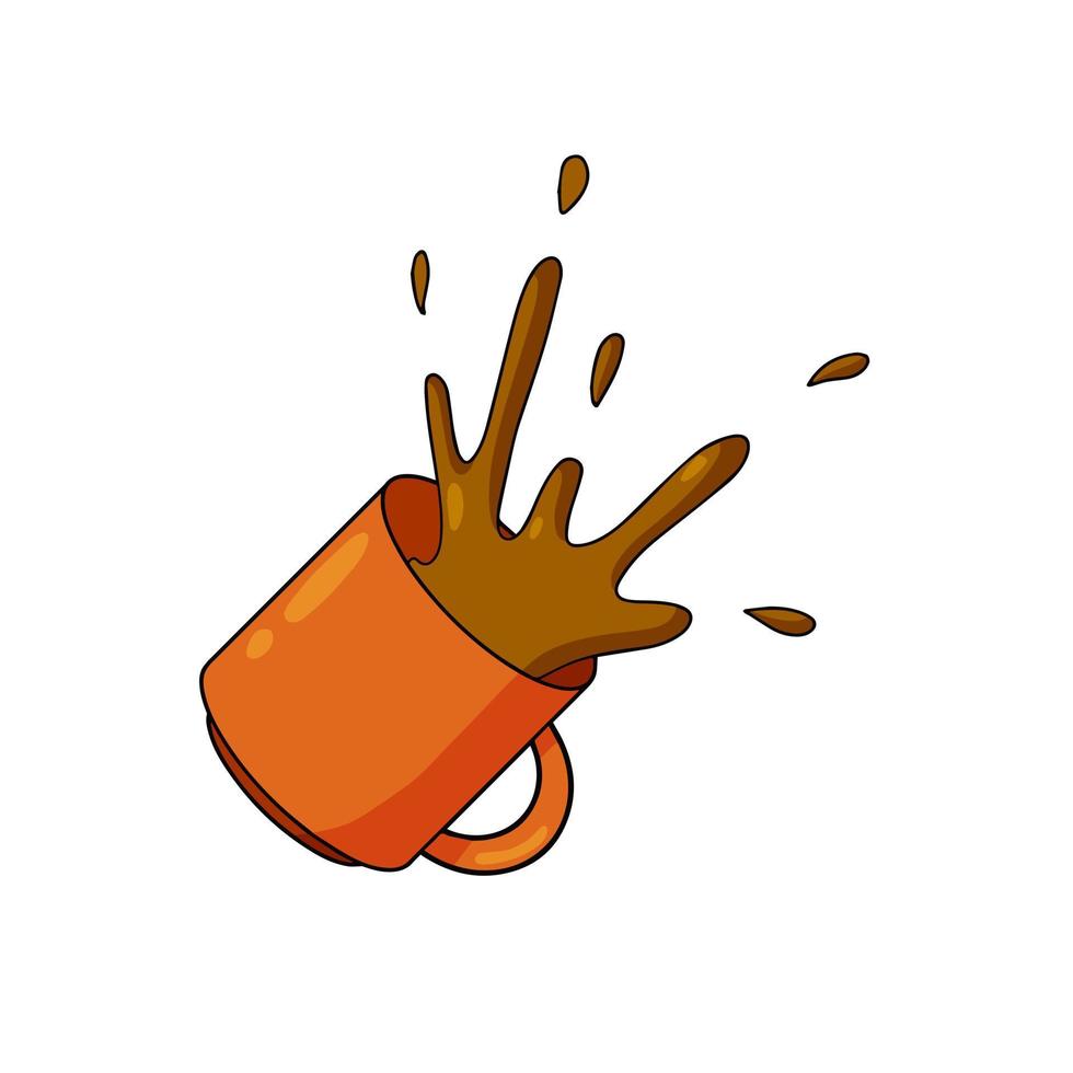 Spilled Cup of coffee. Spray and drop. Sloppy handling in kitchen. Drink with caffeine. Cartoon illustration. vector