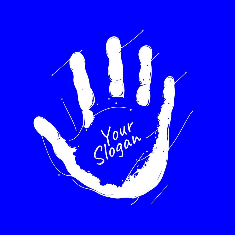 Illustration of a cute child handprint with your slogan inside. Symbol of hope, safety, joy, education. Vector illustration on blue background.