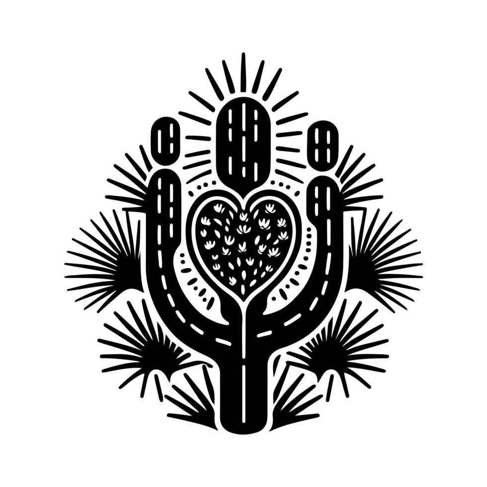 Cactus with heart shape and long needles. Simple black and white vector illustration, isolated.