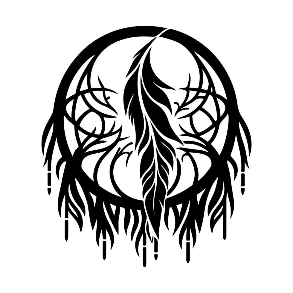 Dreamcatcher made of bird feathers. Tribal tattoo design style. Simple vector illustration, isolated on white background.