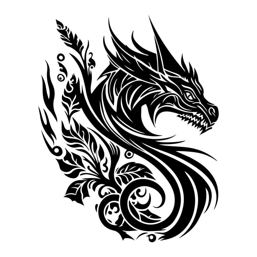 Floral, ornamental dragon head. Decorative vector illustration for tattoo, logo, emblem, sign, embroidery. Isolated on white  background.