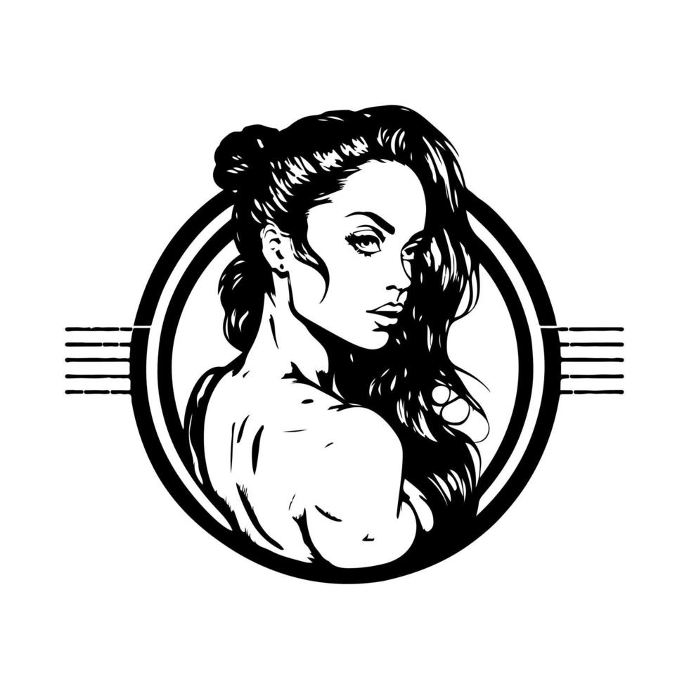Beautiful fitness woman with long hair. Monochrome vector illustration for gym or fitness logo, emblem, mascot.
