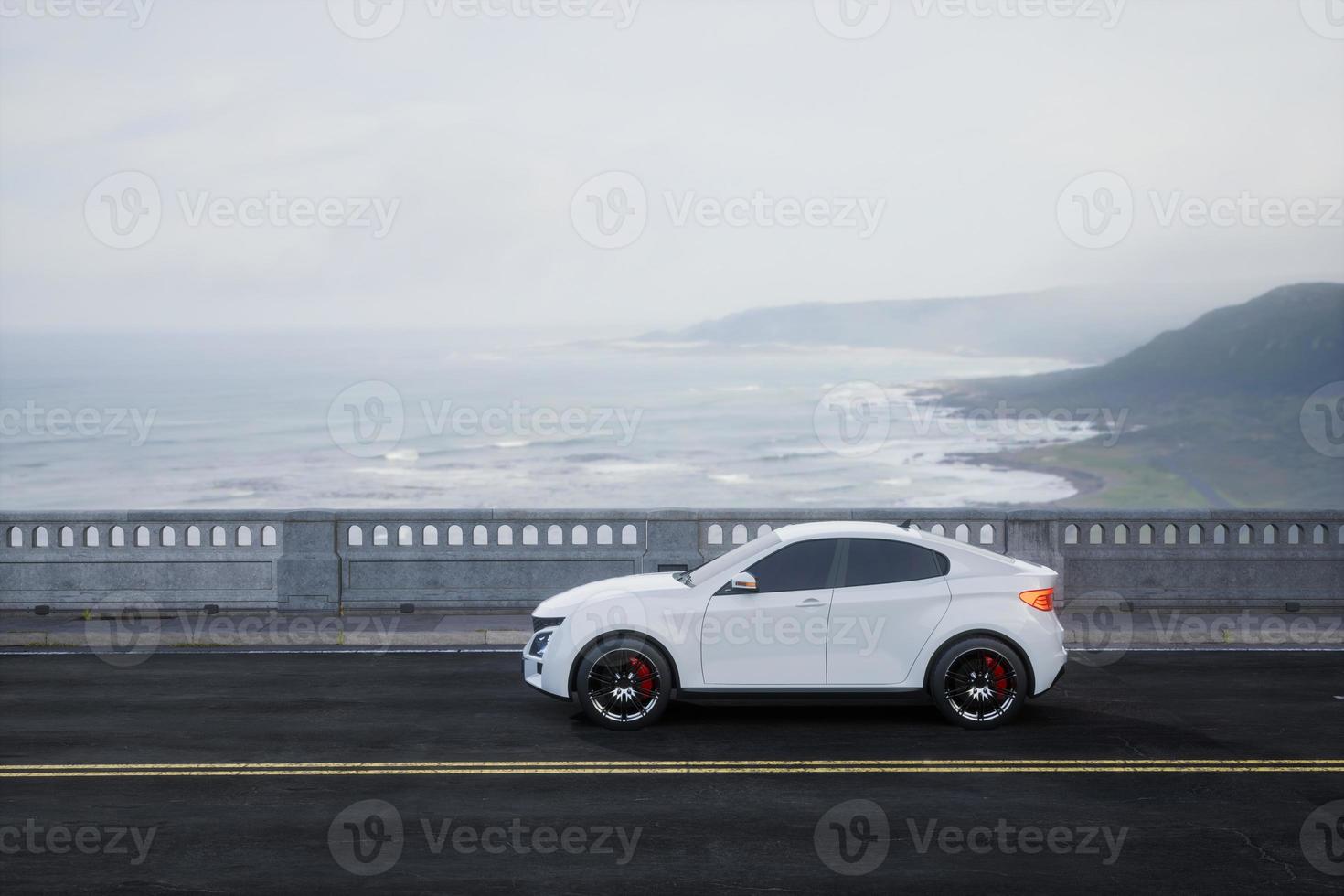 Generic and brandless SUV car on the road with mountain, 3d render photo