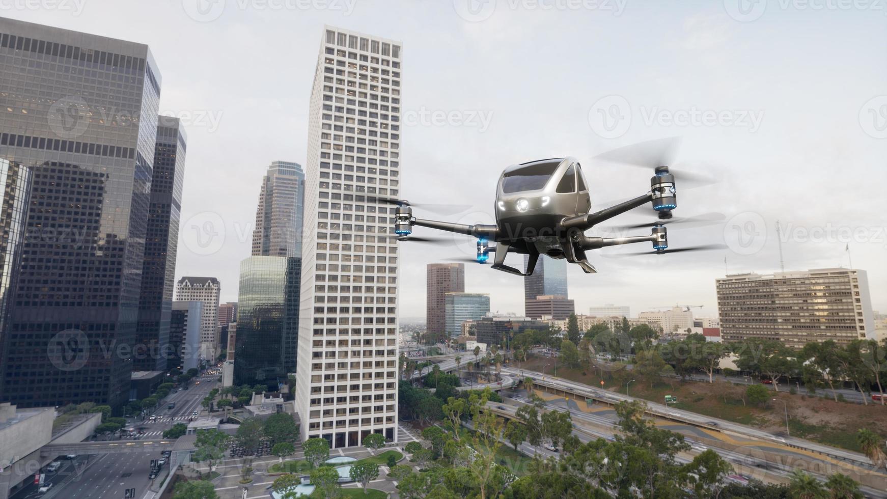Autonomous driverless aerial vehicle fly across city, 3d render photo