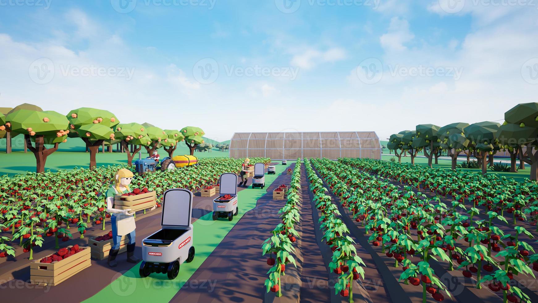 Metaverse avatars of people learning to increase agricultural productivity in smart farm of virtual world, 3d render photo