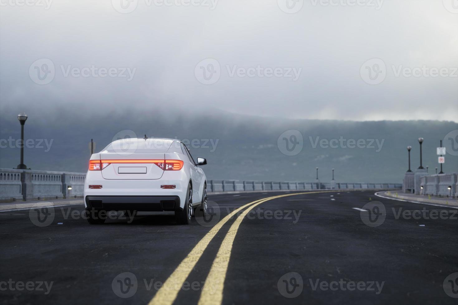 Generic and brandless SUV car on the road with mountain, 3d render photo