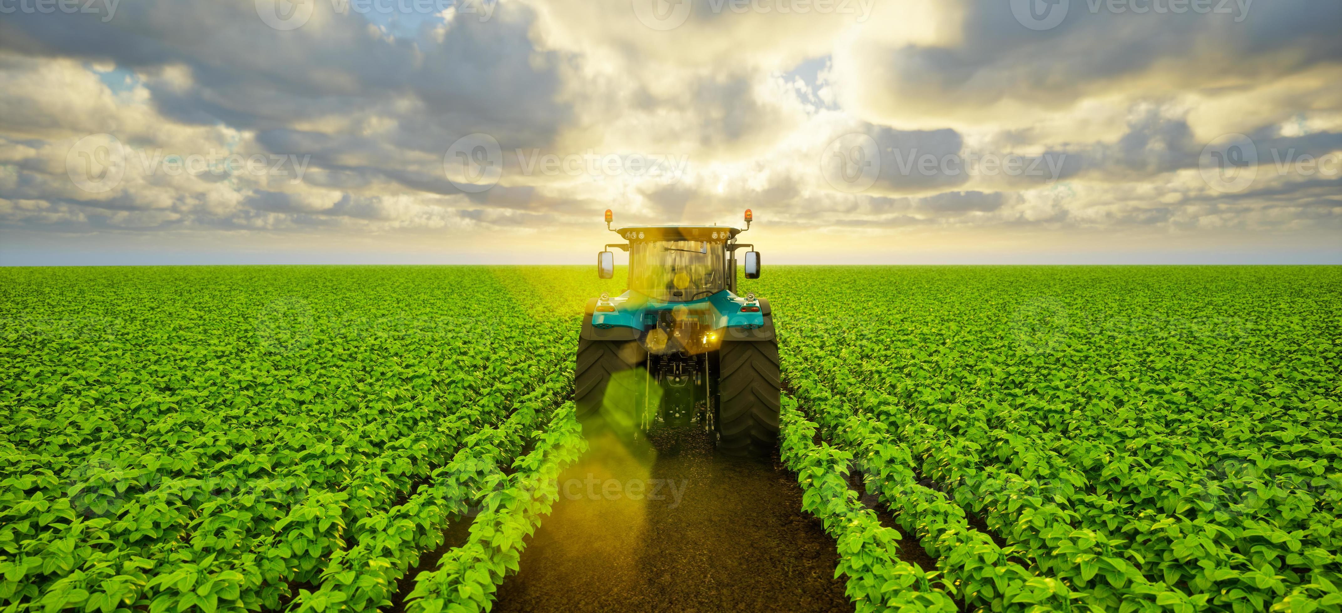 Tractor on soybean field at sunset, 3d render 22133439 Stock Photo at