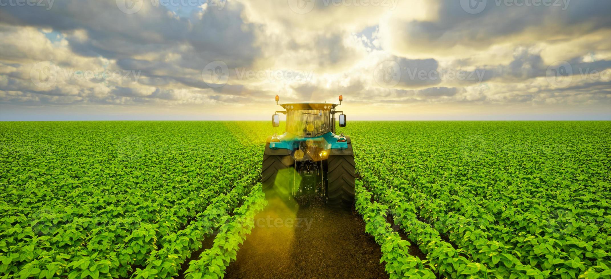 Tractor on soybean field at sunset, 3d render photo