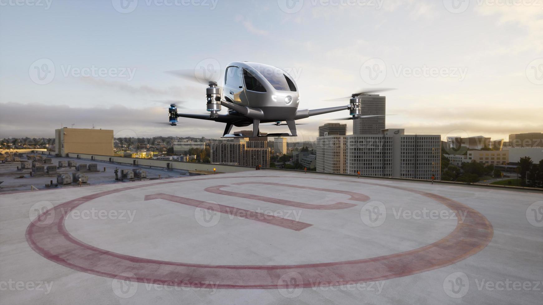Autonomous driverless aerial vehicle fly across city, 3d render photo