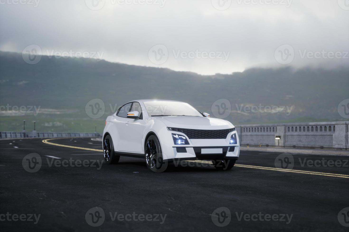 Generic and brandless SUV car on the road with mountain, 3d render photo
