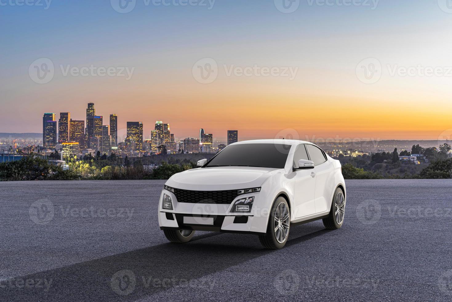 Generic and brandless SUV car parked on asphalt road with city skyline in the background, 3d render photo