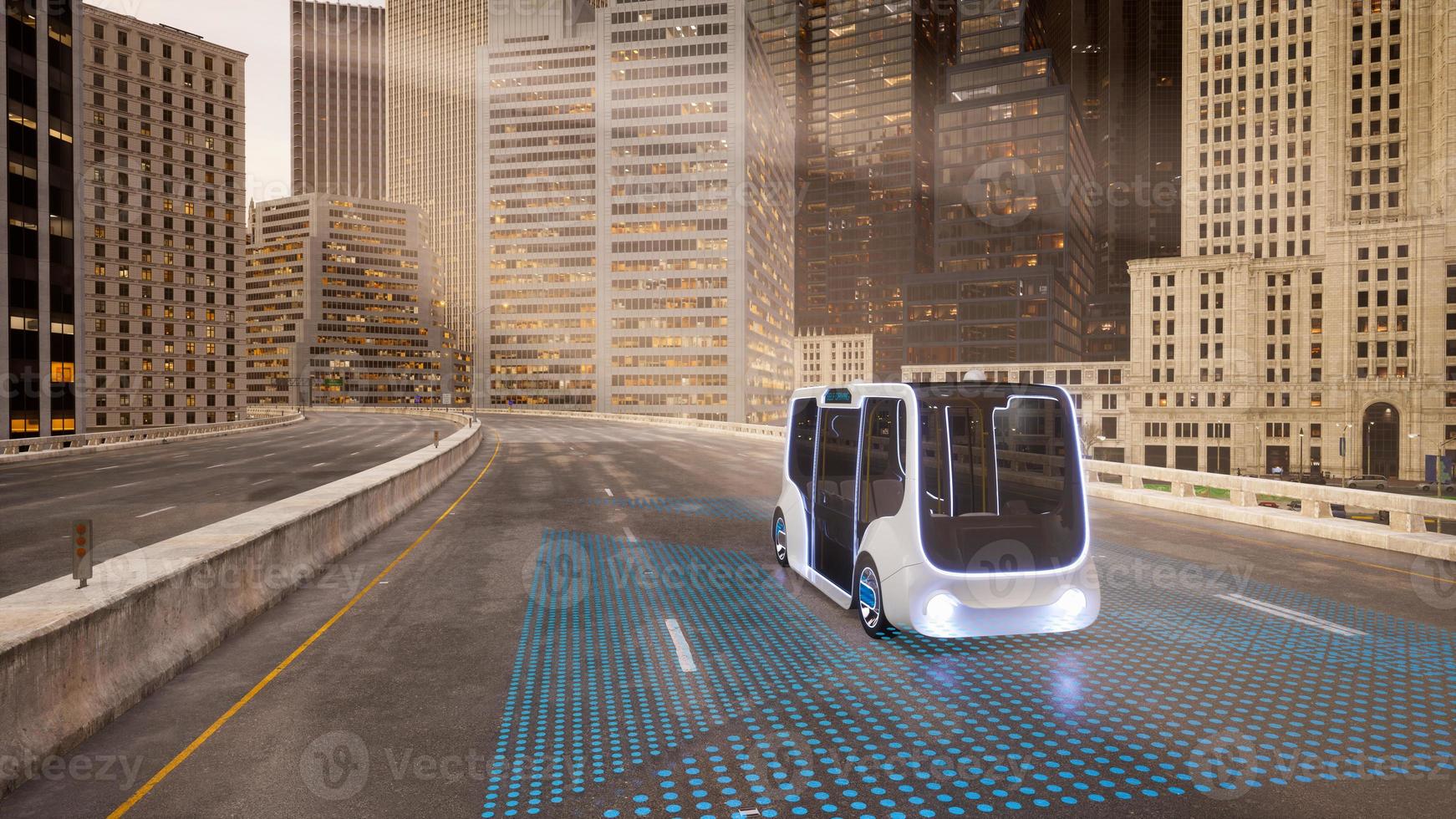 Autonomous electric bus self driving on street, Smart vehicle technology concept, 3d render photo