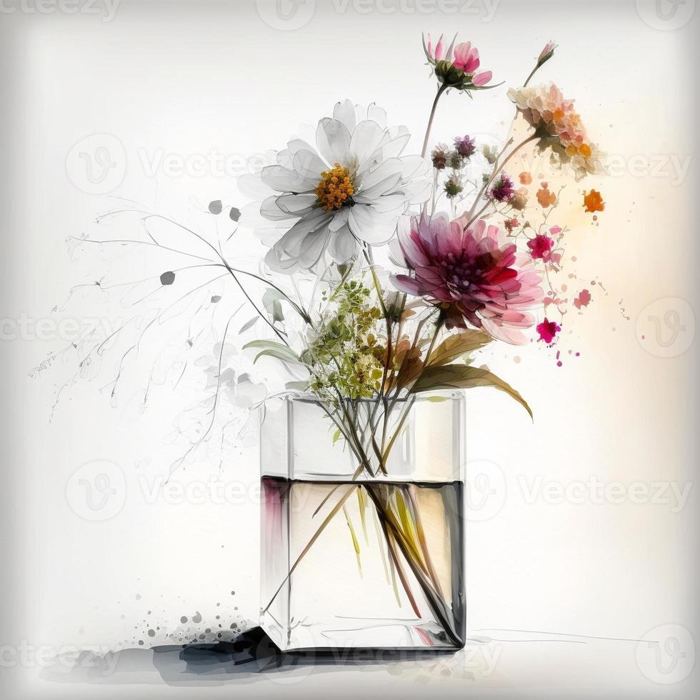 Colorful flower painting in vase on white background. Digital illustration AI photo