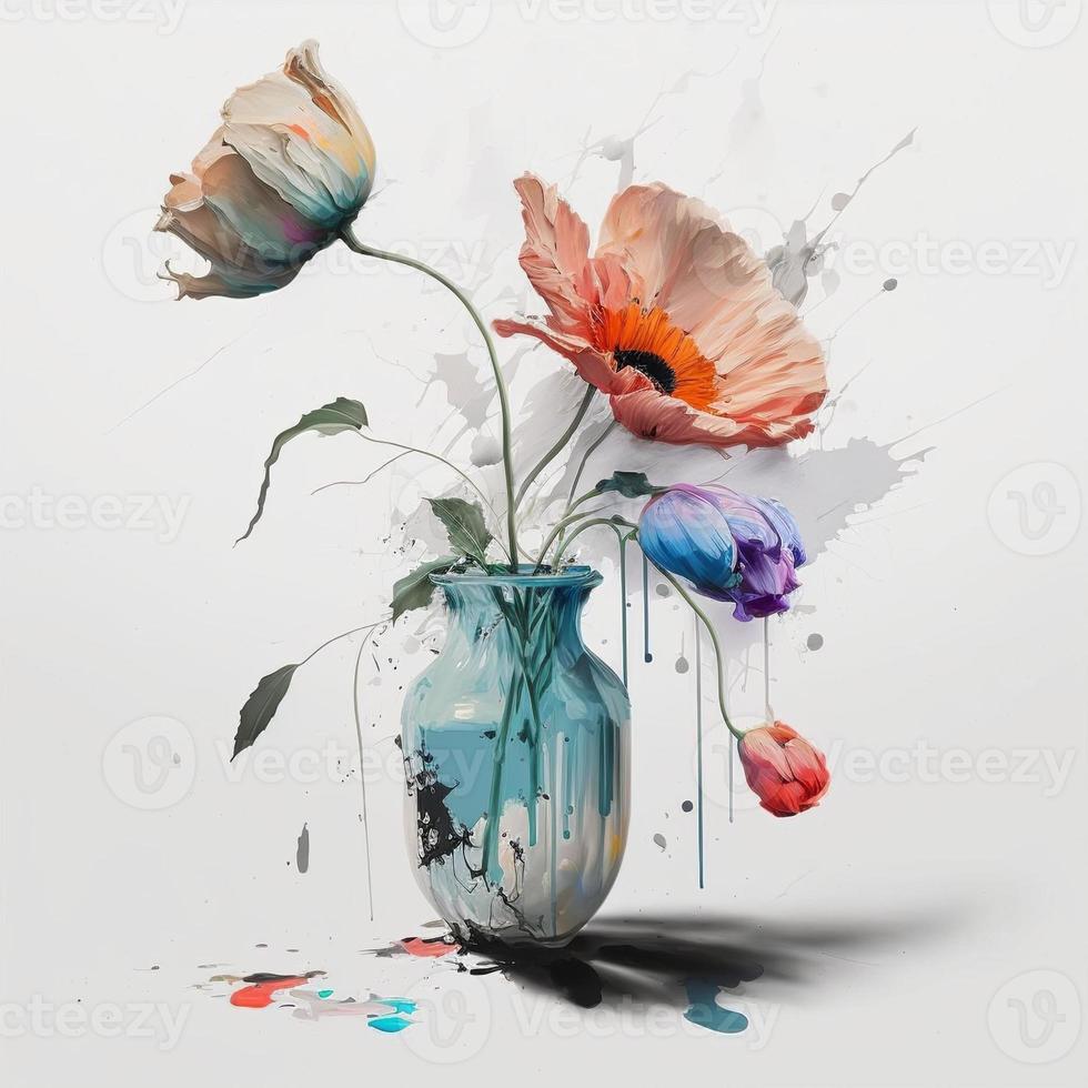 Colorful flower painting in vase on white background. Digital illustration AI photo