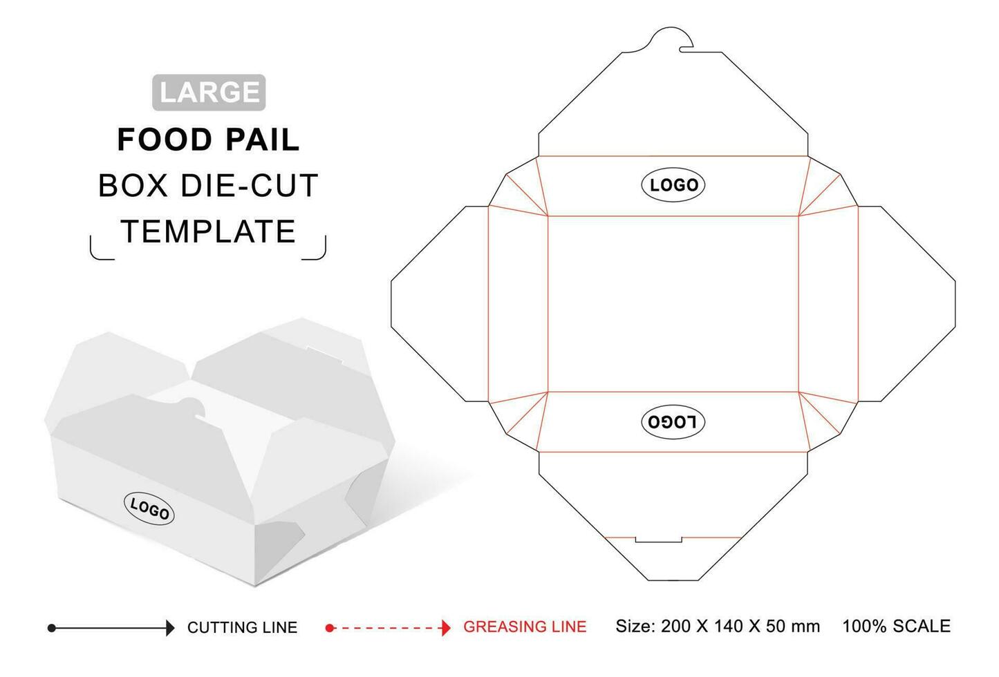 Food pail box large die cut template vector