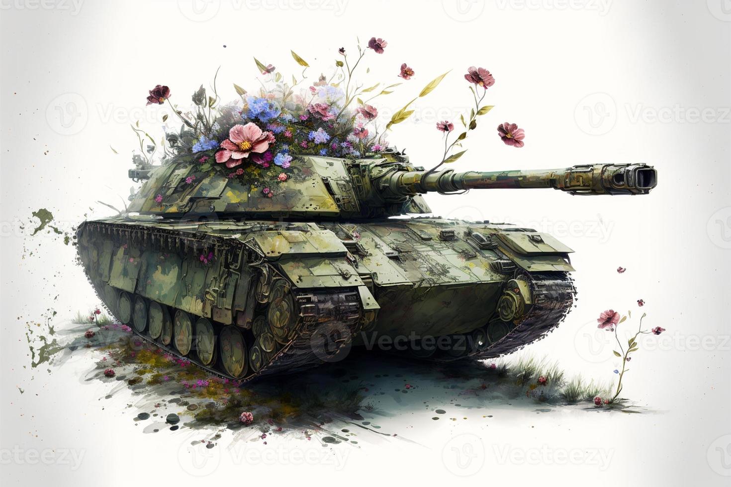 Deteriorated battle tank covered in flowers, white background. AI photo